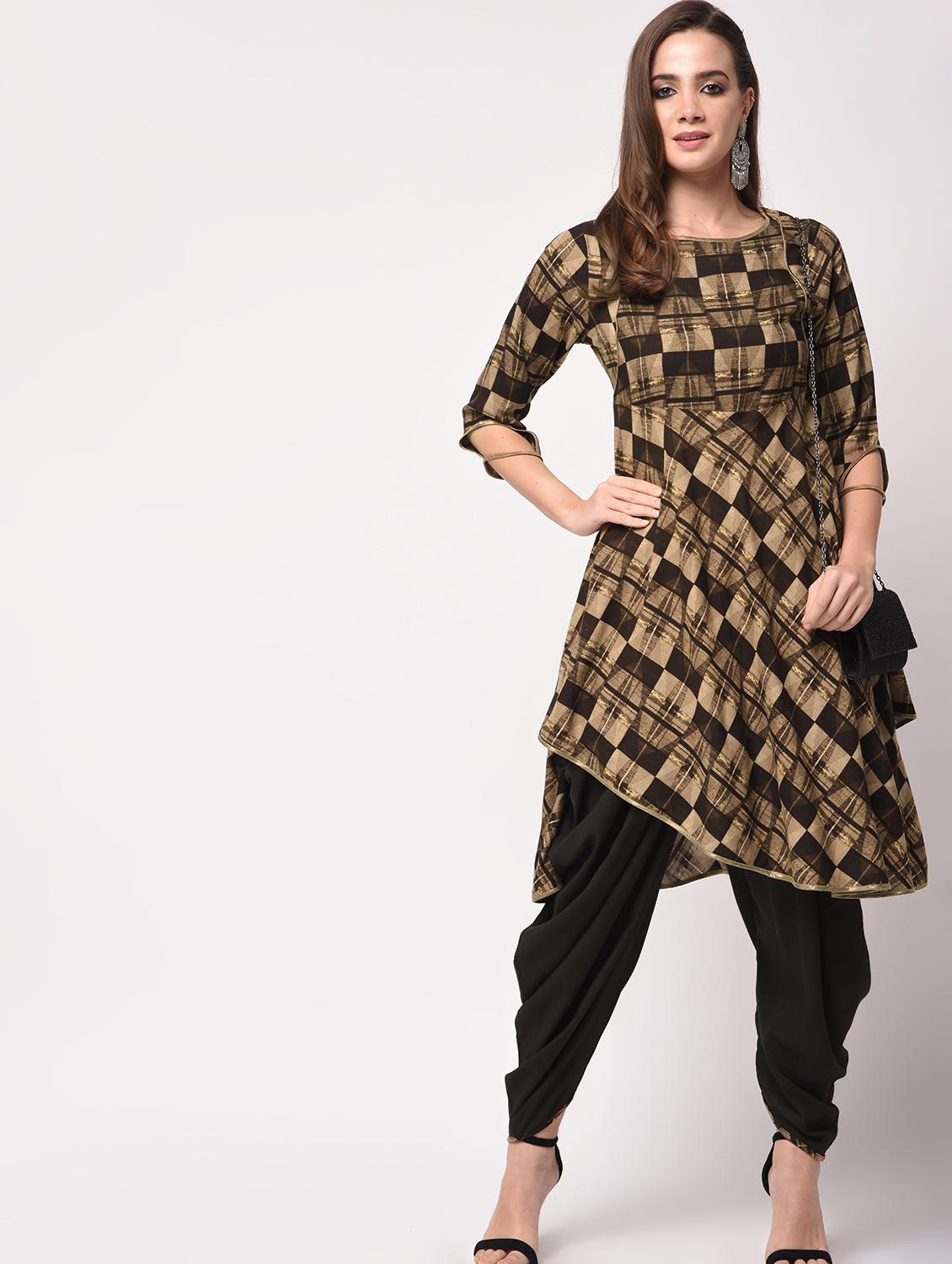 Geometric Printed Asymmetric Kurta with Cowl Pants Set - 16170414 - Zoom Image - 1