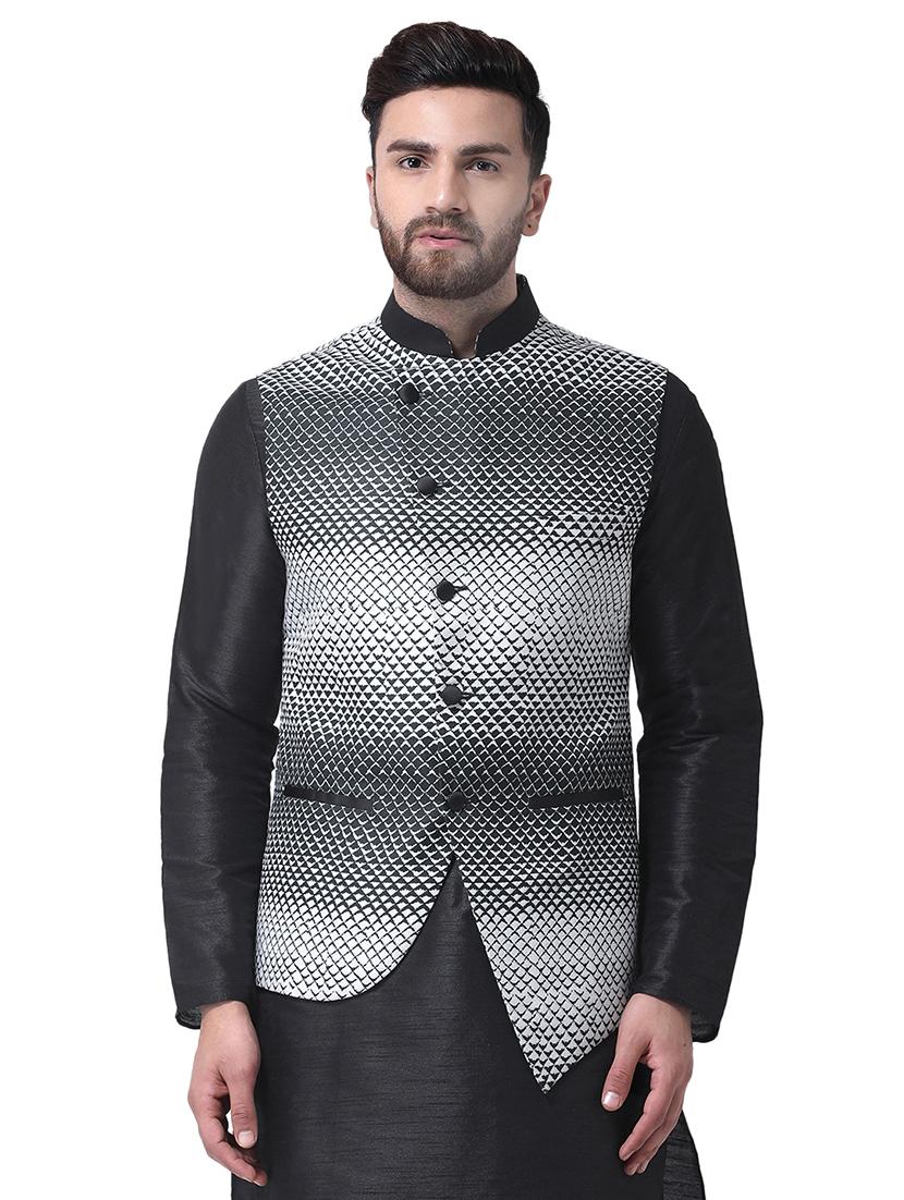 black silk blend printed nehru jacket - 16179053 - Zoom Image - 1