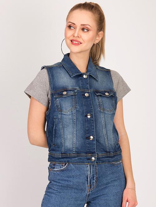 sleeveless button up denim jacket - 16187389 - Standard Image - 1