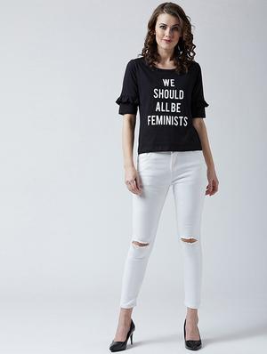 ruffle trim slogan print tee - 16187618 - Standard Image - 3