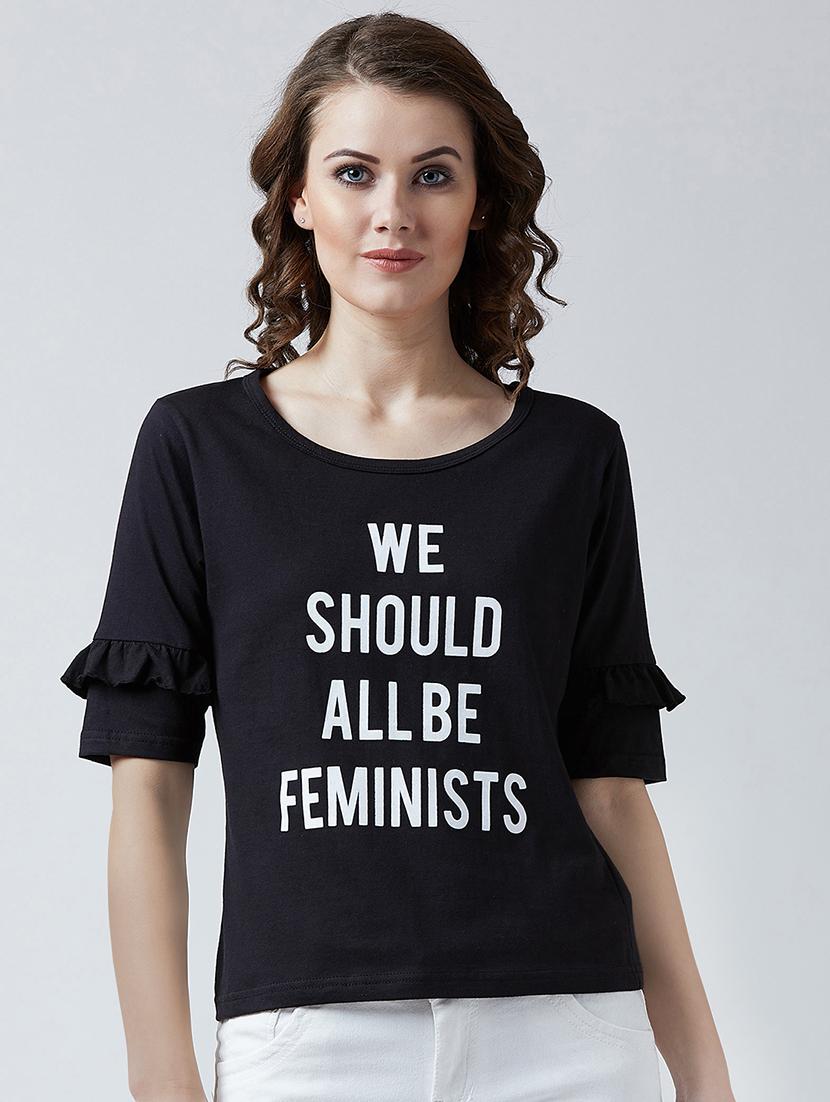 ruffle trim slogan print tee - 16187618 - Zoom Image - 1