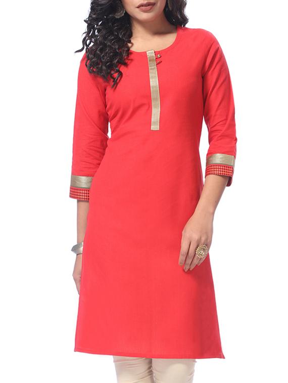 Lace detail solid straight kurta - 16187876 - Zoom Image - 1