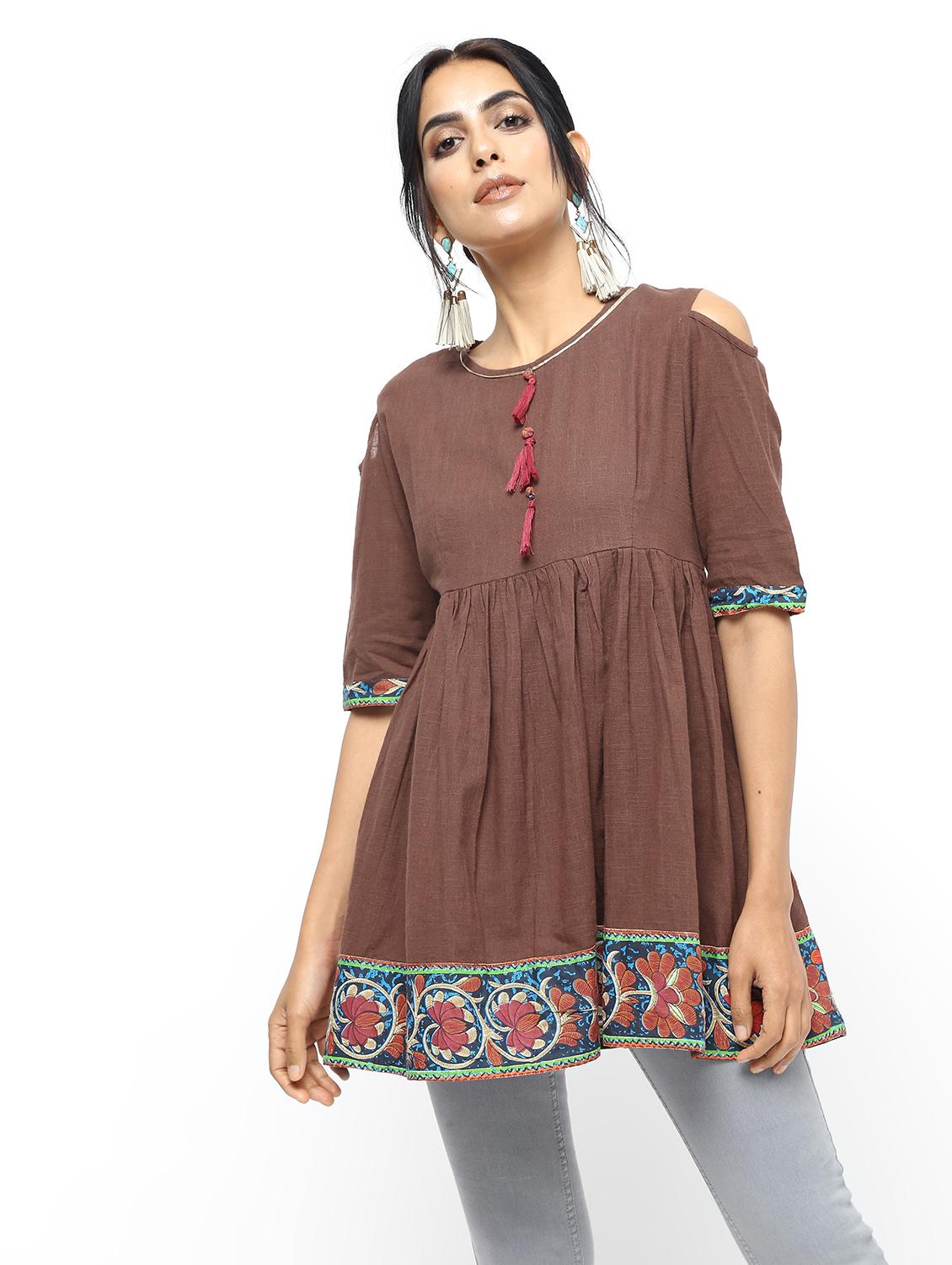 Cold shoulder flared kurti - 16190155 - Zoom Image - 1
