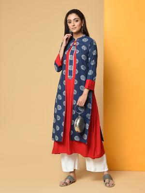 solid kurta with printed jacket - 16193018 - Standard Image - 2