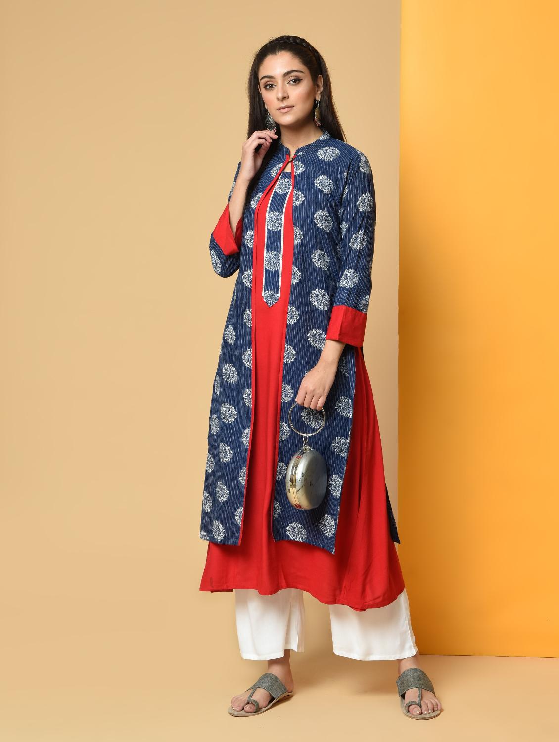 solid kurta with printed jacket - 16193018 - Zoom Image - 2