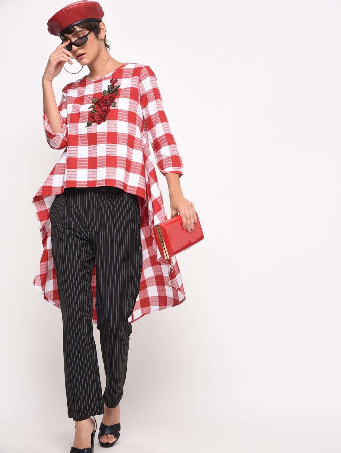 embroidered checkered high low tunic - 16193755 - Zoom Image - 1