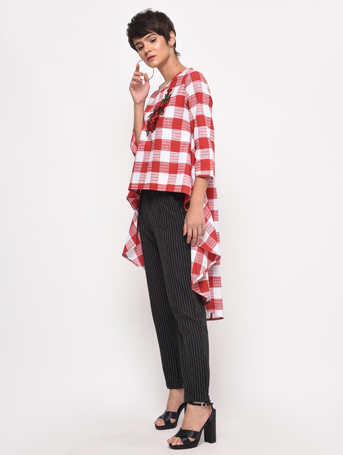 embroidered checkered high low tunic - 16193755 - Zoom Image - 3
