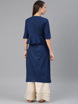 solid straight kurta with embroidered jacket - 16198889 - Standard Image - 3