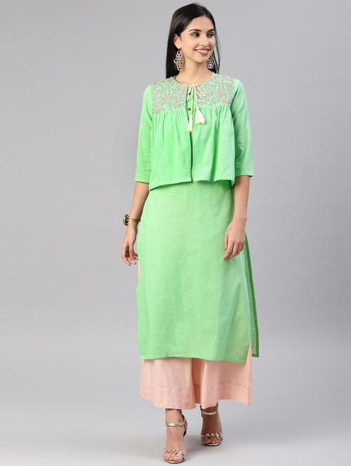 solid straight kurta with embroidered jacket - 16198897 - Standard Image - 1