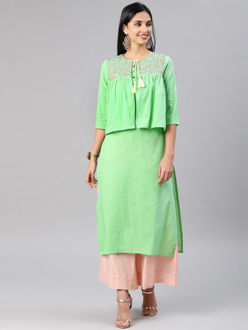 solid straight kurta with embroidered jacket - 16198897 - Zoom Image - 1