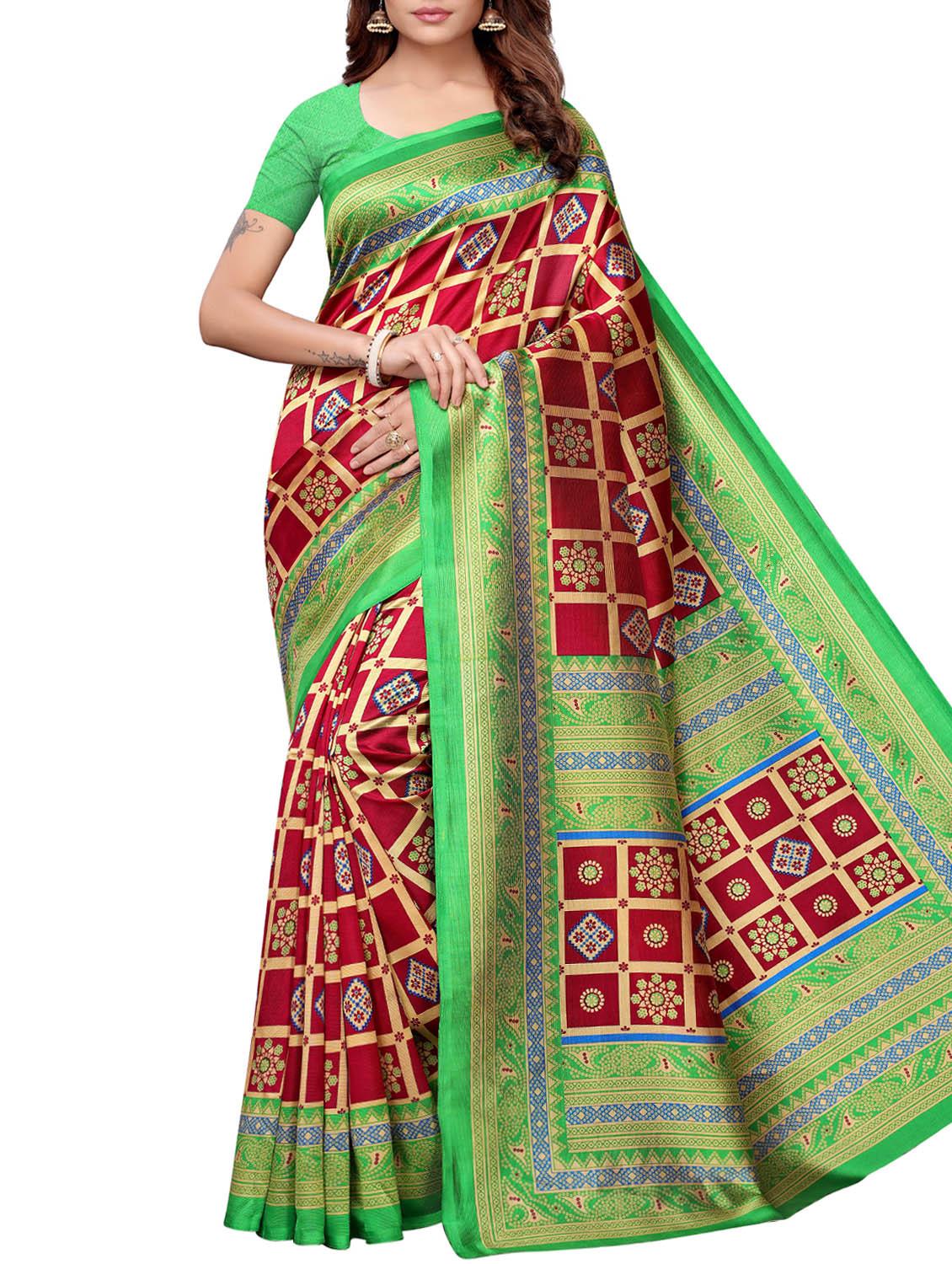 checkered printed mysore silk saree with blouse - 16201428 - Zoom Image - 1