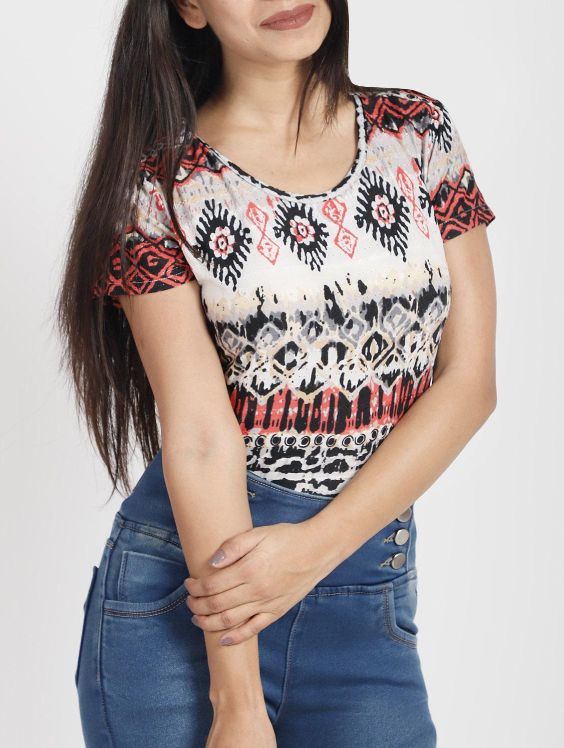 scoop neck boho print tee - 16202343 - Zoom Image - 1