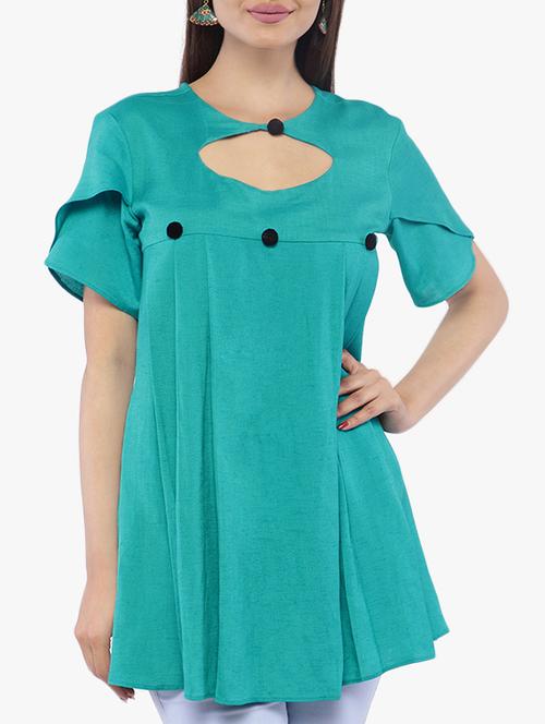 Turquoise solid a-line kurti - 16206804 - Standard Image - 1