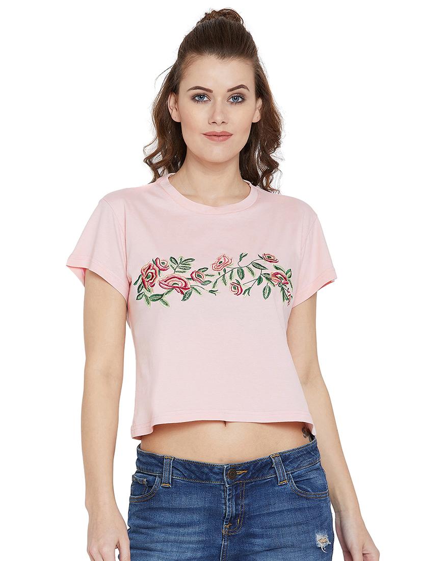 short sleeved embroidered crop top - 16214491 - Zoom Image - 1