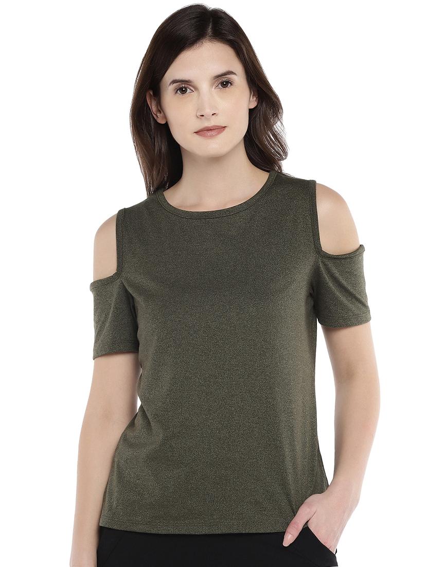 solid cold shoulder top - 16215372 - Zoom Image - 1