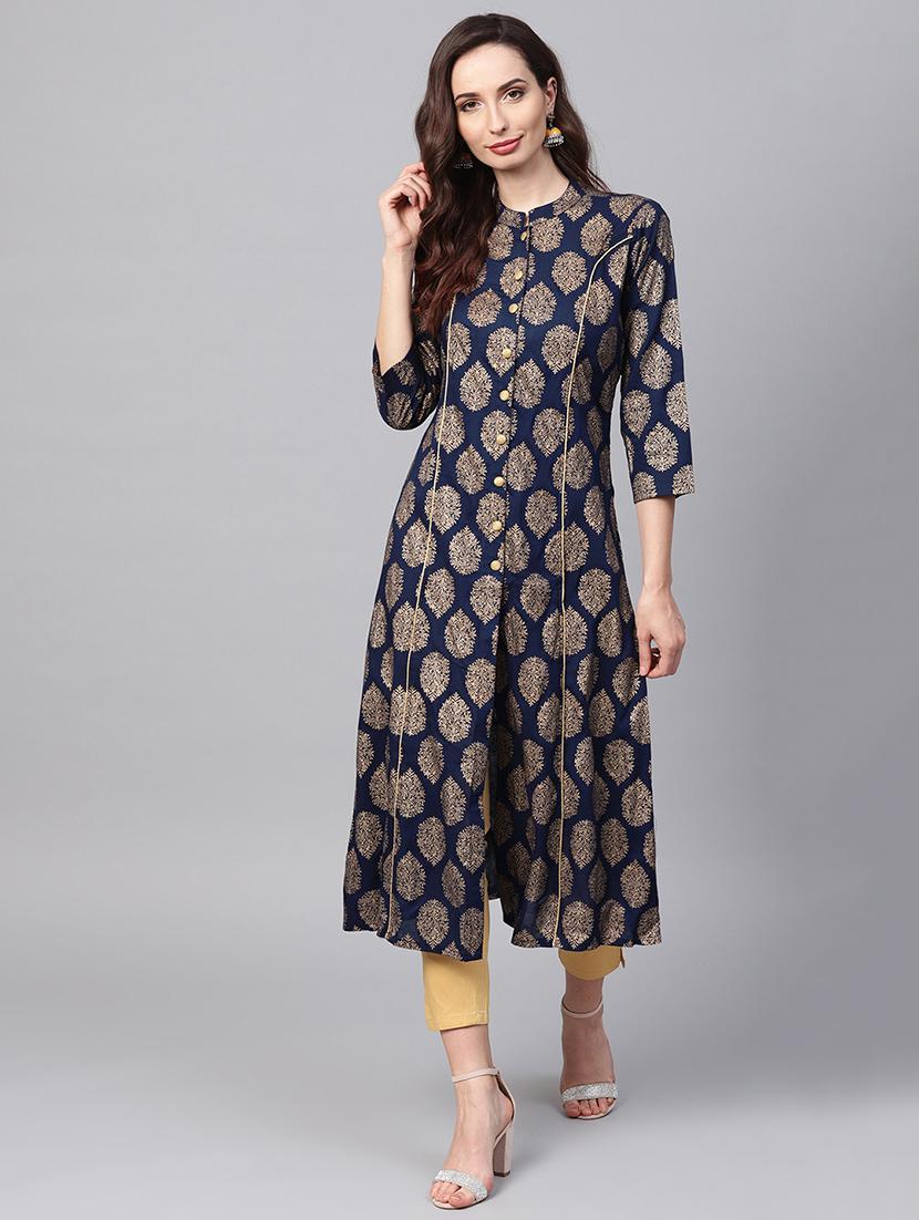 Foil Printed A-Line Kurta - 16215899 - Zoom Image - 1