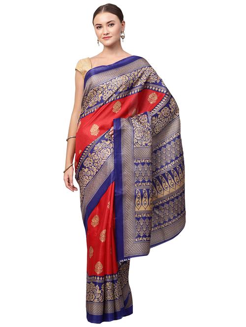red silk blend printed saree with blouse - 16219133 - Standard Image - 1