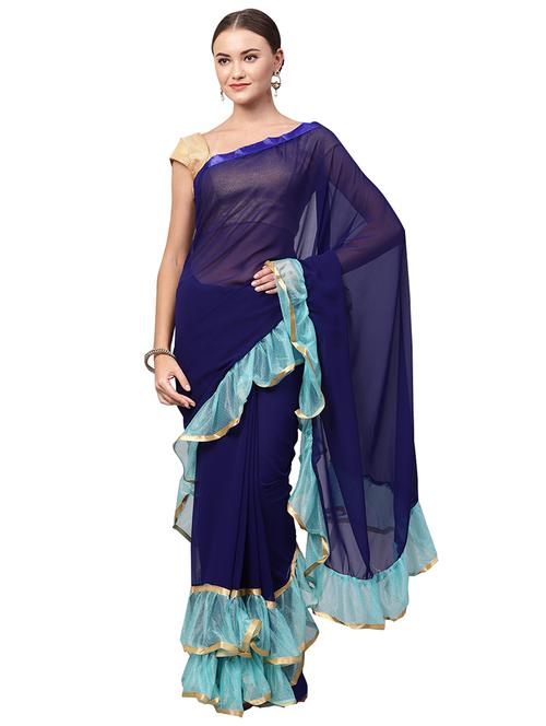 ruffle solid fusion saree with blouse - 16219152 - Standard Image - 1