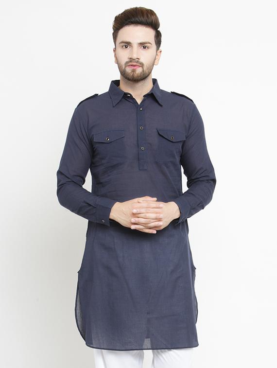 blue solid pathani kurta - 16226457 - Zoom Image - 1