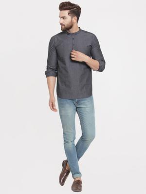 grey solid short kurta - 16226465 - Standard Image - 4