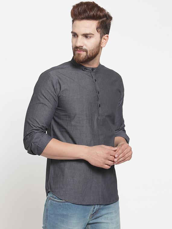 grey solid short kurta - 16226465 - Zoom Image - 2