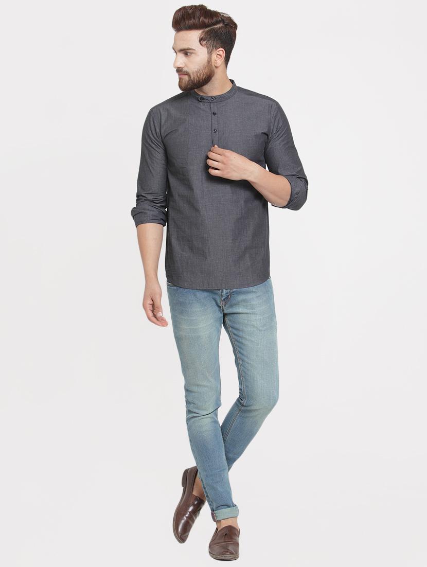 grey solid short kurta - 16226465 - Zoom Image - 4