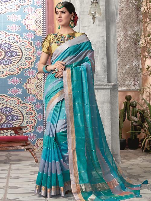 checkered zari motif woven saree with blouse - 16226793 - Standard Image - 1