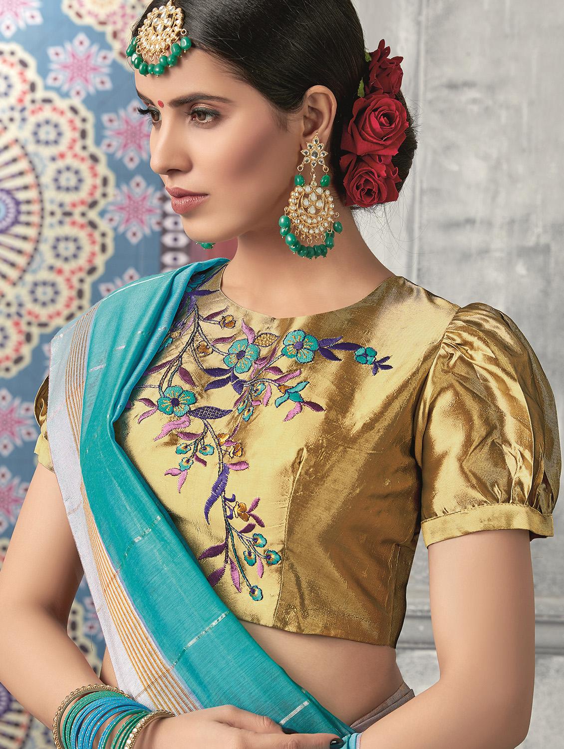 checkered zari motif woven saree with blouse - 16226793 - Zoom Image - 2