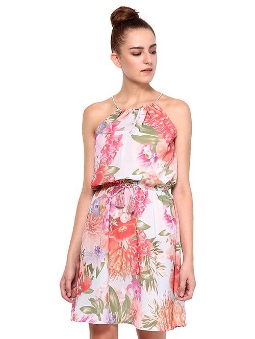 halter neck drawstring floral dress - 16227111 - Standard Image - 1