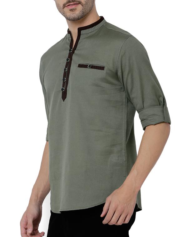 grey linen short kurta - 16230532 - Zoom Image - 2