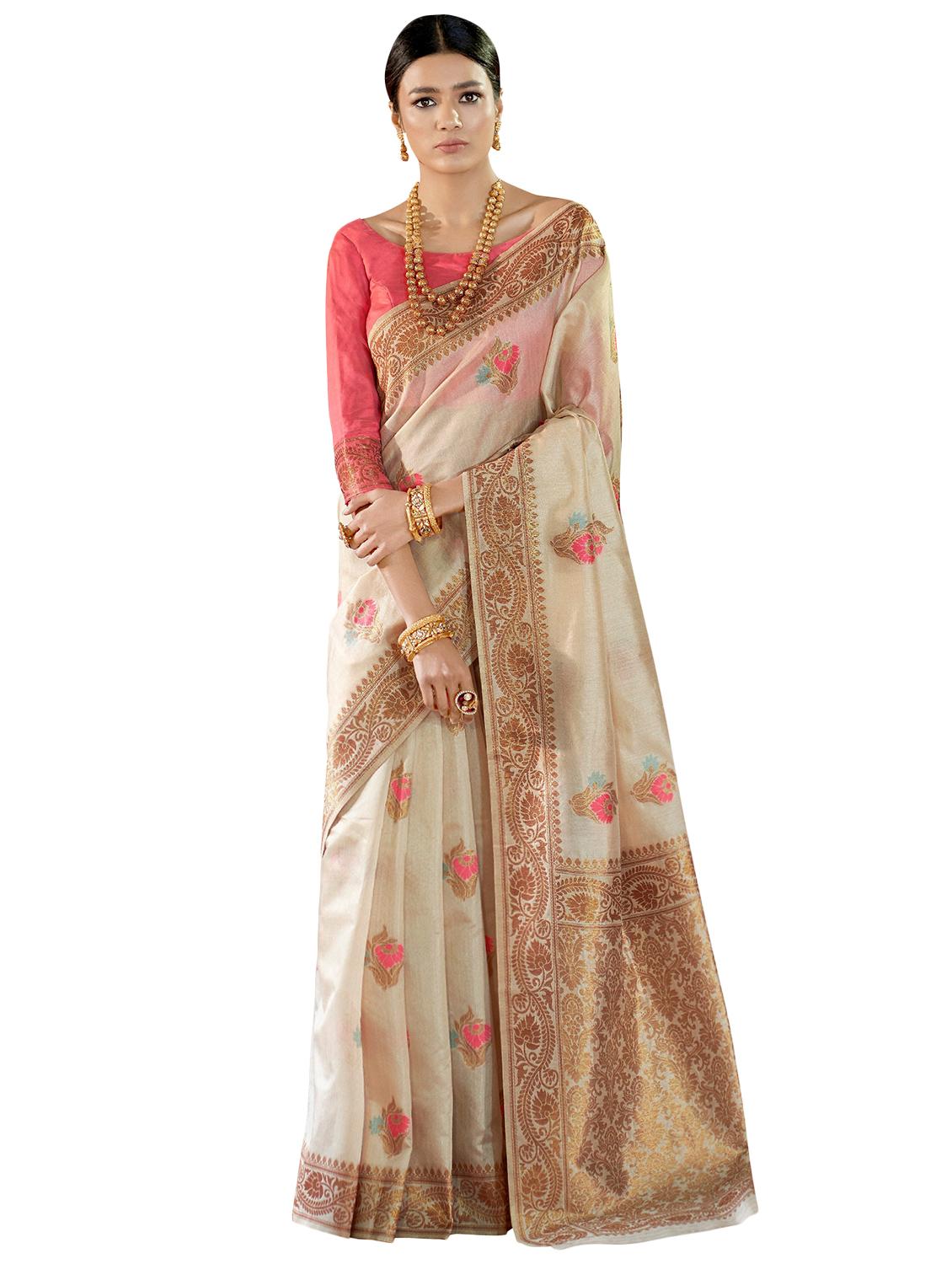 offwhite silk handloom saree with blouse - 16231310 - Zoom Image - 1