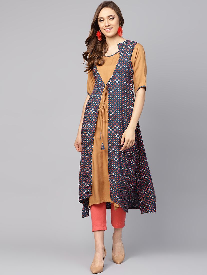 solid kurta with geometrical printed jacket - 16231943 - Zoom Image - 1