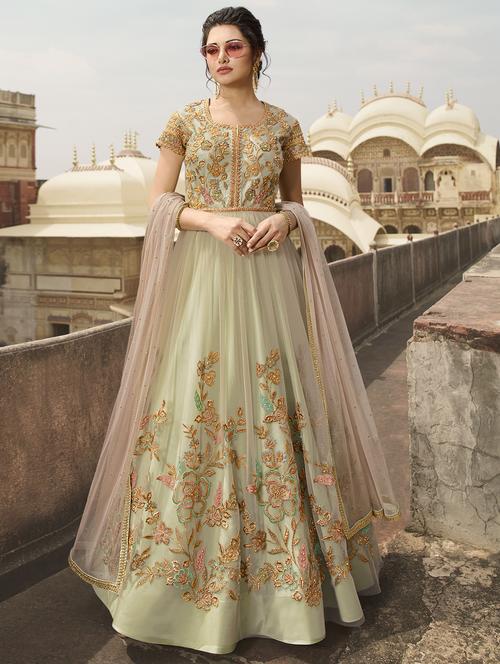embroidered flared semi-stitched suit - 16233600 - Very Small Image - 1