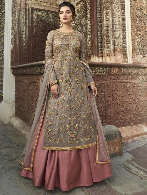 Embroidered A-line semi-stitched suit - 16233635 - Standard Image - 1