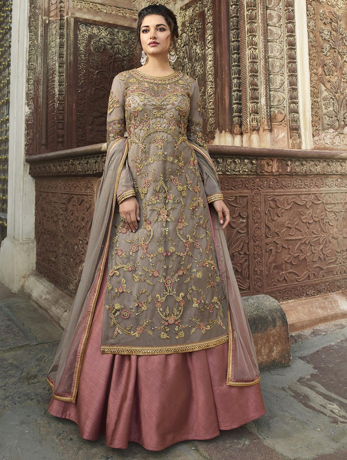 Embroidered A-line semi-stitched suit - 16233635 - Zoom Image - 1
