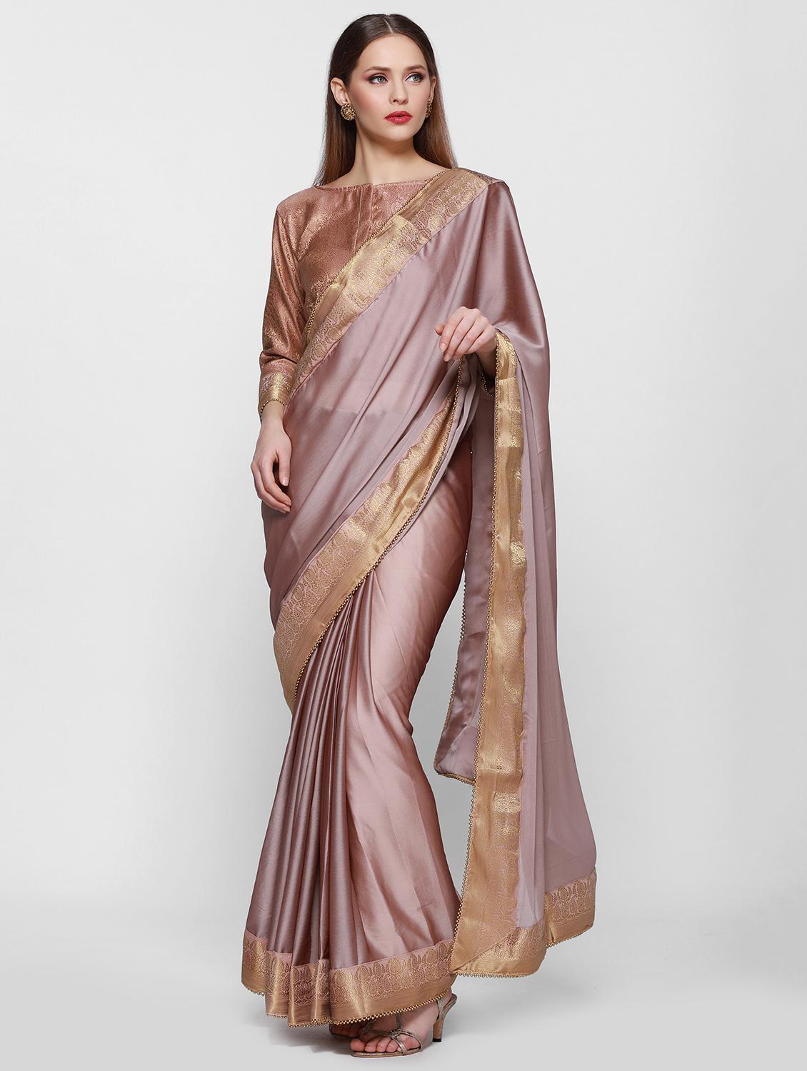 Bordered solid saree with blouse - 16235898 - Zoom Image - 1