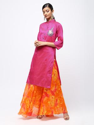 pink raw silk kurta skirt set - 16236029 - Standard Image - 2