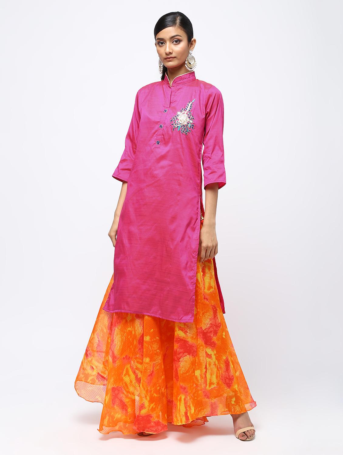 pink raw silk kurta skirt set - 16236029 - Zoom Image - 1