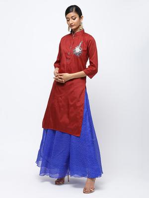 red raw silk kurta skirt set - 16236034 - Standard Image - 2