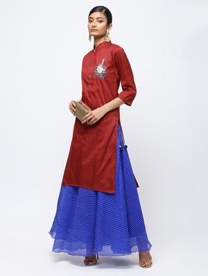 red raw silk kurta skirt set - 16236034 - Standard Image - 4