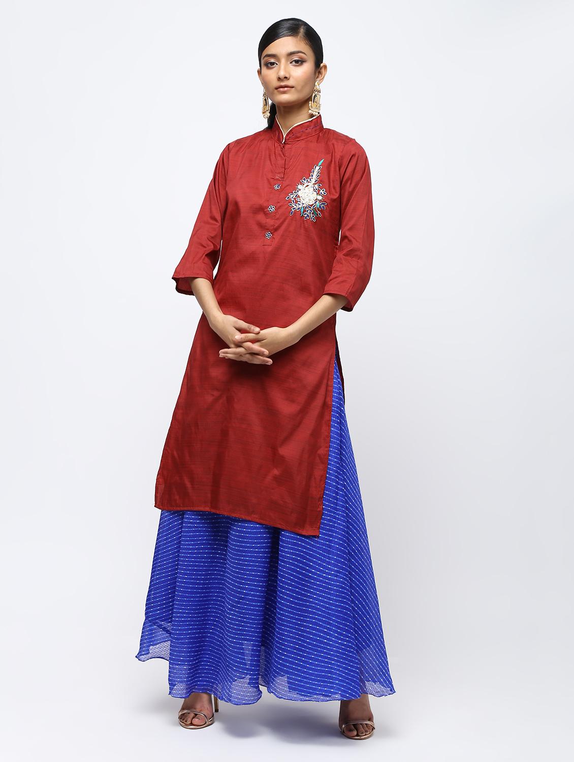 red raw silk kurta skirt set - 16236034 - Zoom Image - 1
