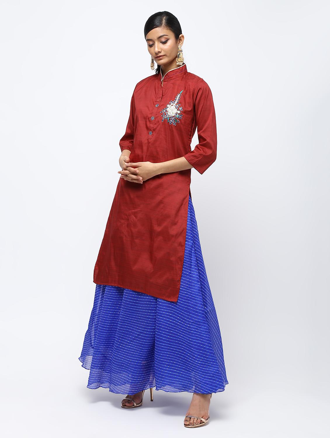 red raw silk kurta skirt set - 16236034 - Zoom Image - 2
