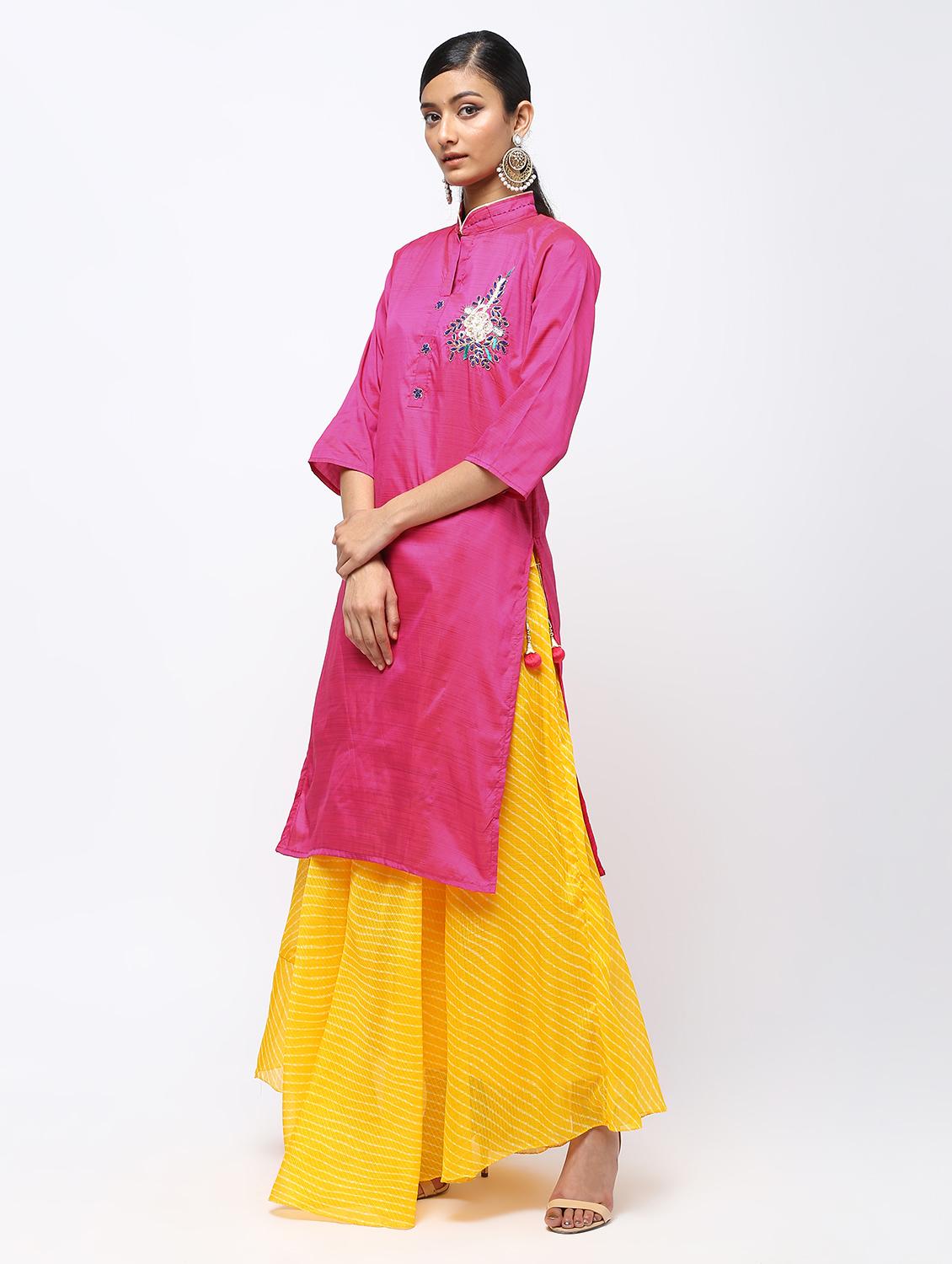 pink raw silk kurta skirt set - 16236035 - Zoom Image - 2