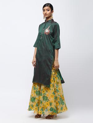 green raw silk kurta skirt set - 16236036 - Standard Image - 2