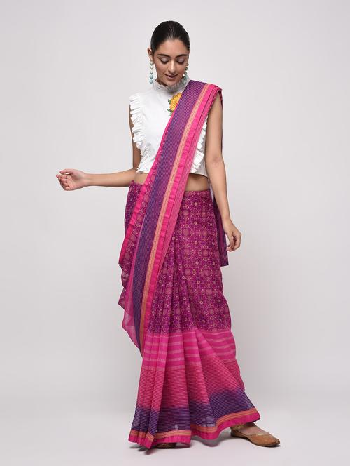 zari bordered printed saree with blouse - 16236726 - Standard Image - 1