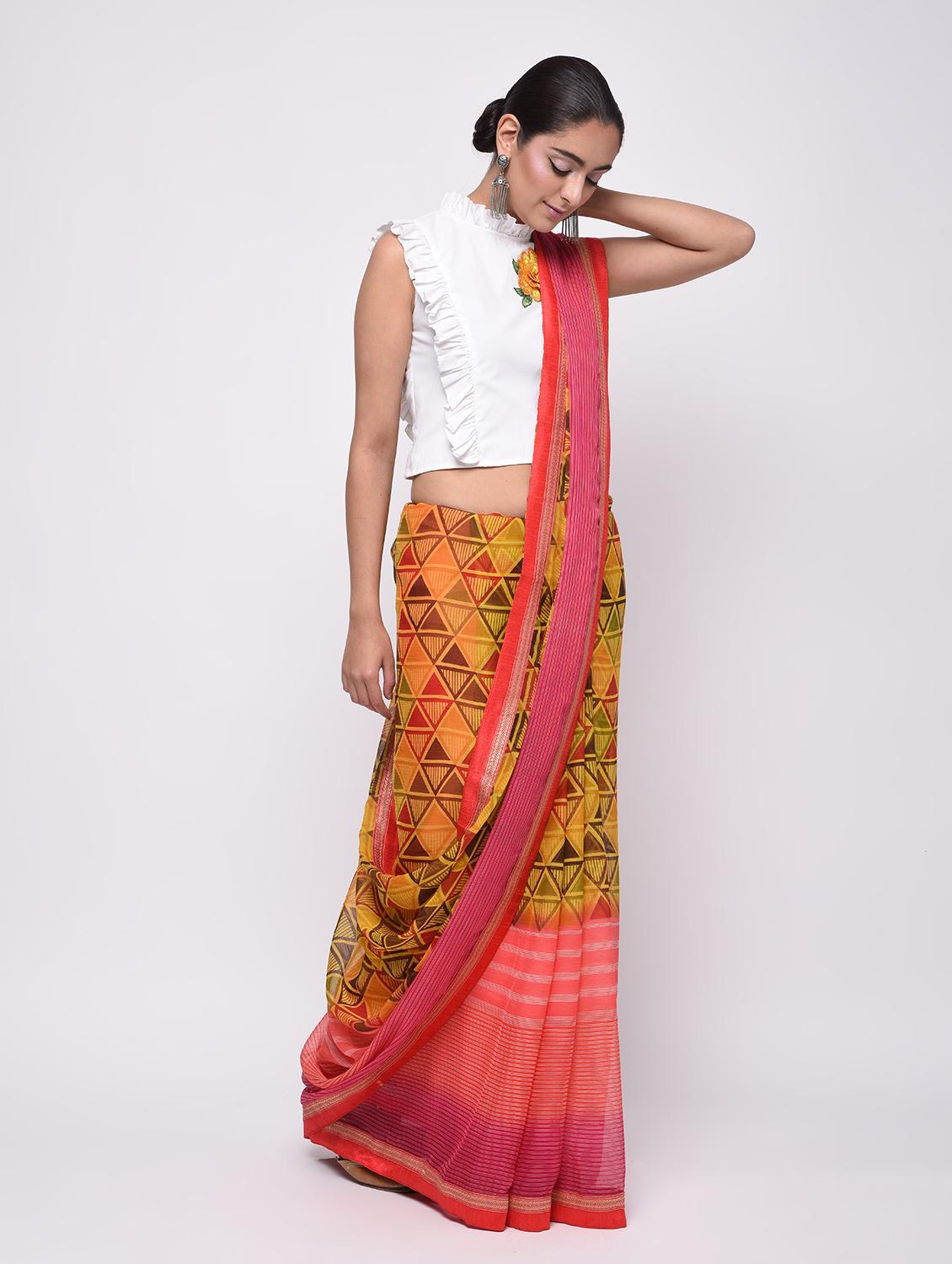 zari bordered printed saree with blouse - 16236727 - Zoom Image - 1