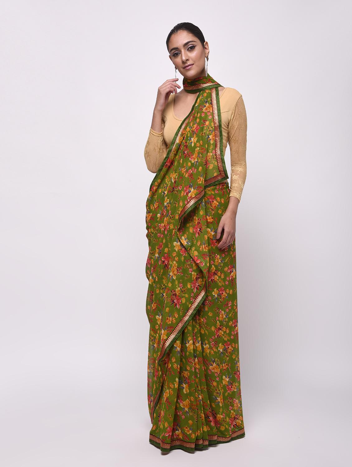zari bordered floral saree with blouse - 16236738 - Zoom Image - 1