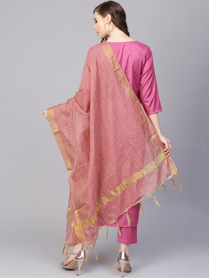 solid kurta with pant & dupatta set - 16237470 - Zoom Image - 3
