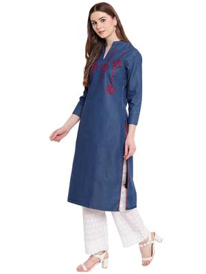 embroidered denim straight kurta - 16239875 - Standard Image - 2