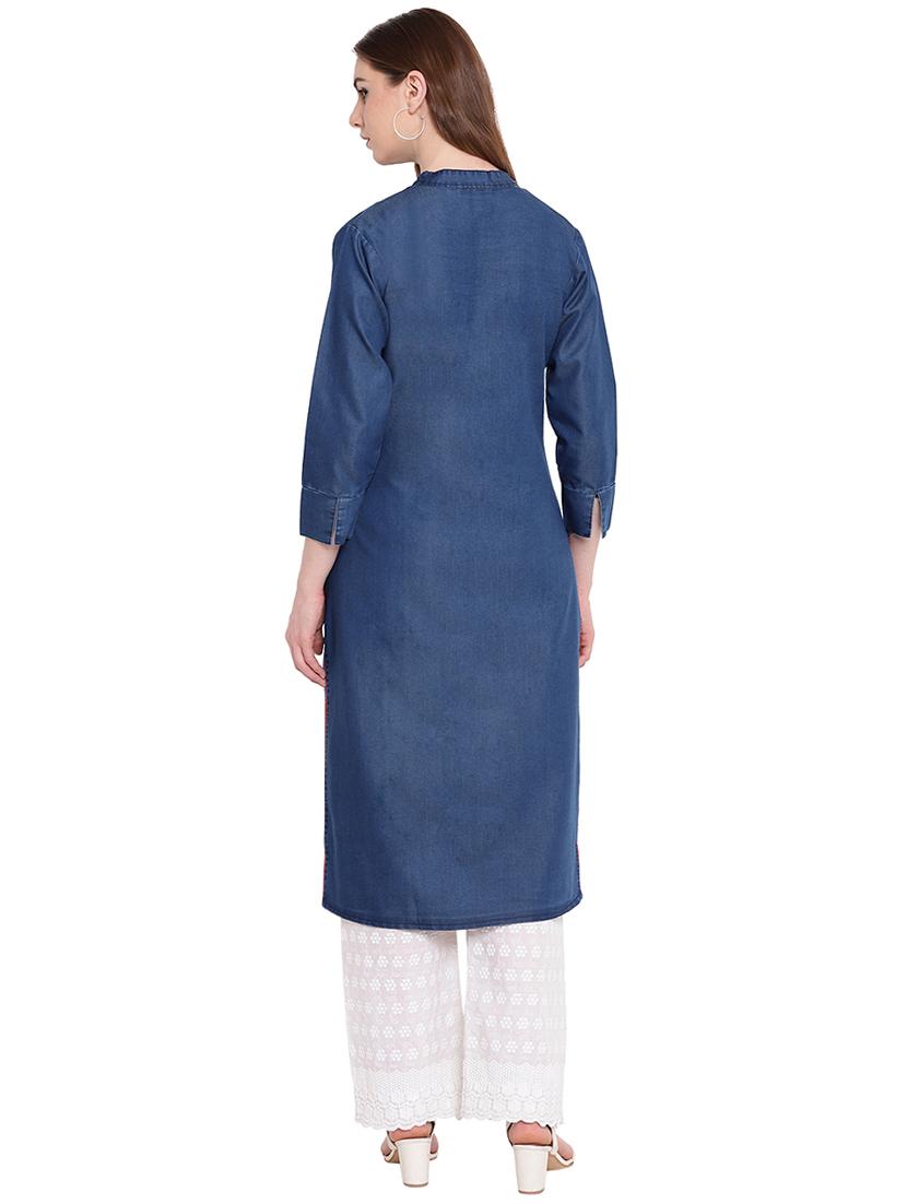 embroidered denim straight kurta - 16239875 - Zoom Image - 3